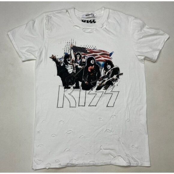 Missguided Kiss Graphic T-shirt Women Small White Music Distressed - Picture 1 of 6